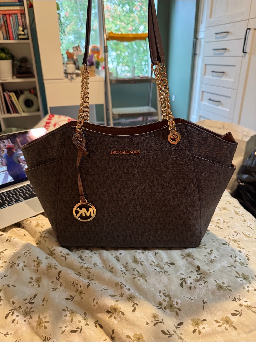 Michael Kors Dark Brown Signature Tote with Gold Hardware
